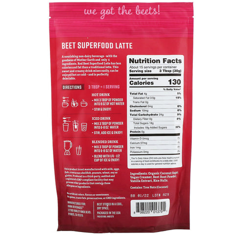 Hana Beverages, Beet Latte, Ikke-kaffe Superfood Beverages, 16 oz (454 g)