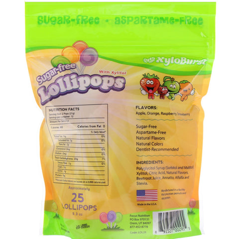 Xyloburst, Sugar-Free Lollipops with Xylitol, Assorted Flavors, Approximately 25 Lollipops (9.3 oz)