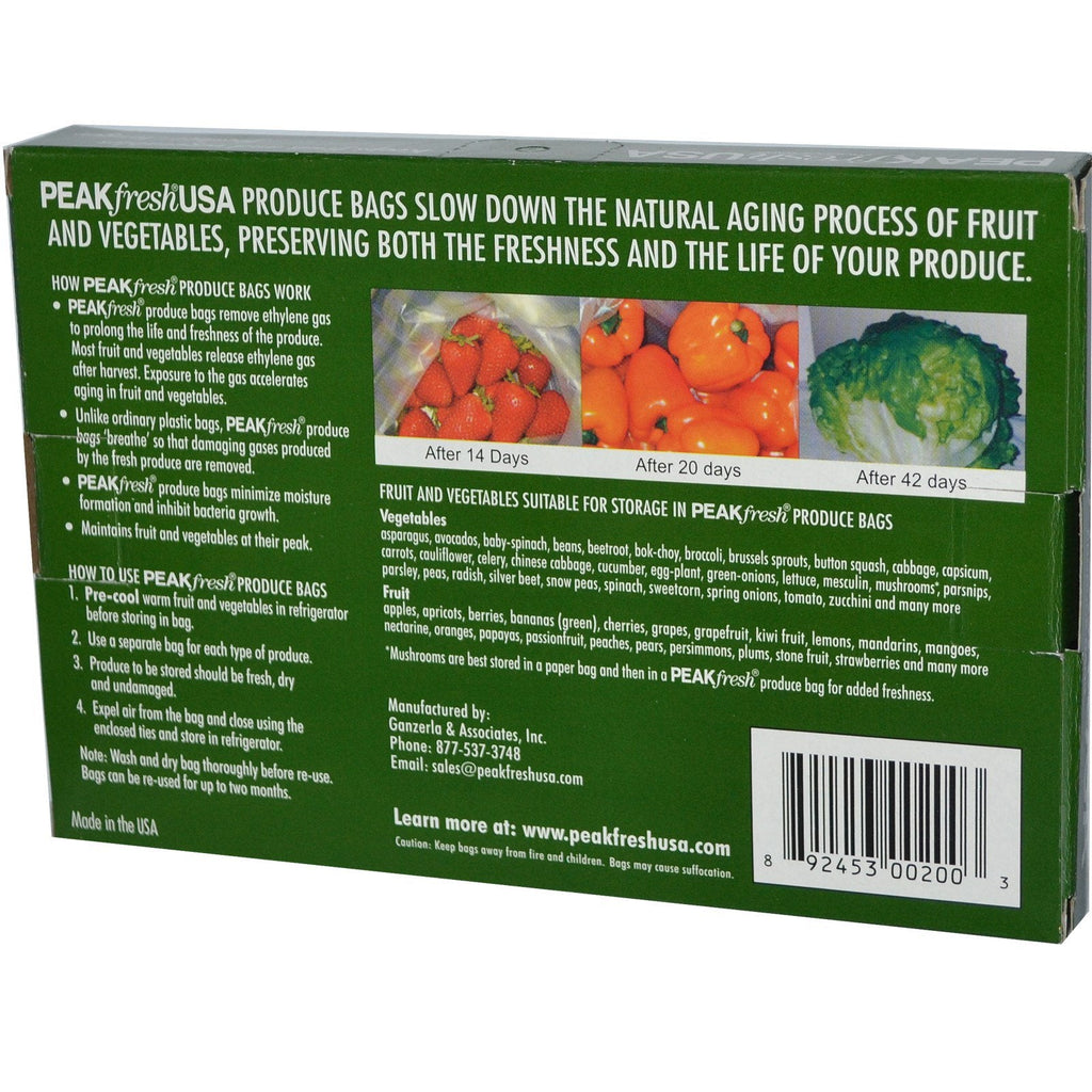 PEAKfresh USA, Produce Bags, Reusable, 10 - 12" x 16" Bags, with Twist Ties