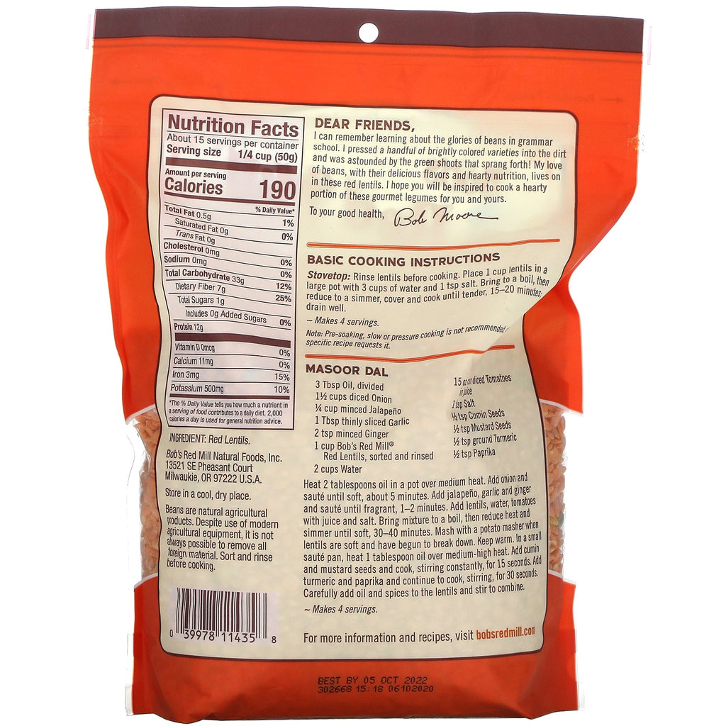 Bob's Red Mill, Red Lentils Heritage Beans, 27 oz (765 g)