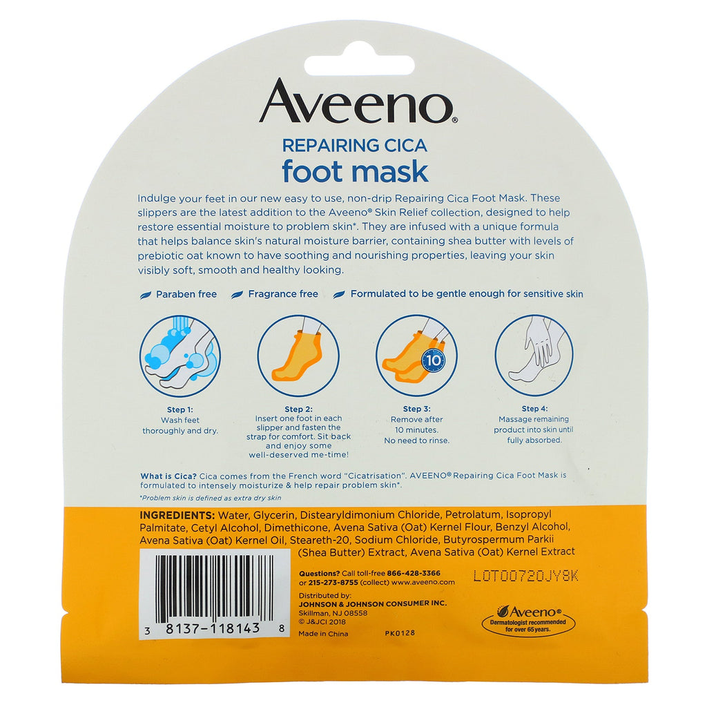 Aveeno, Repairing Cica Foot Mask, 2 Single-Use Slippers