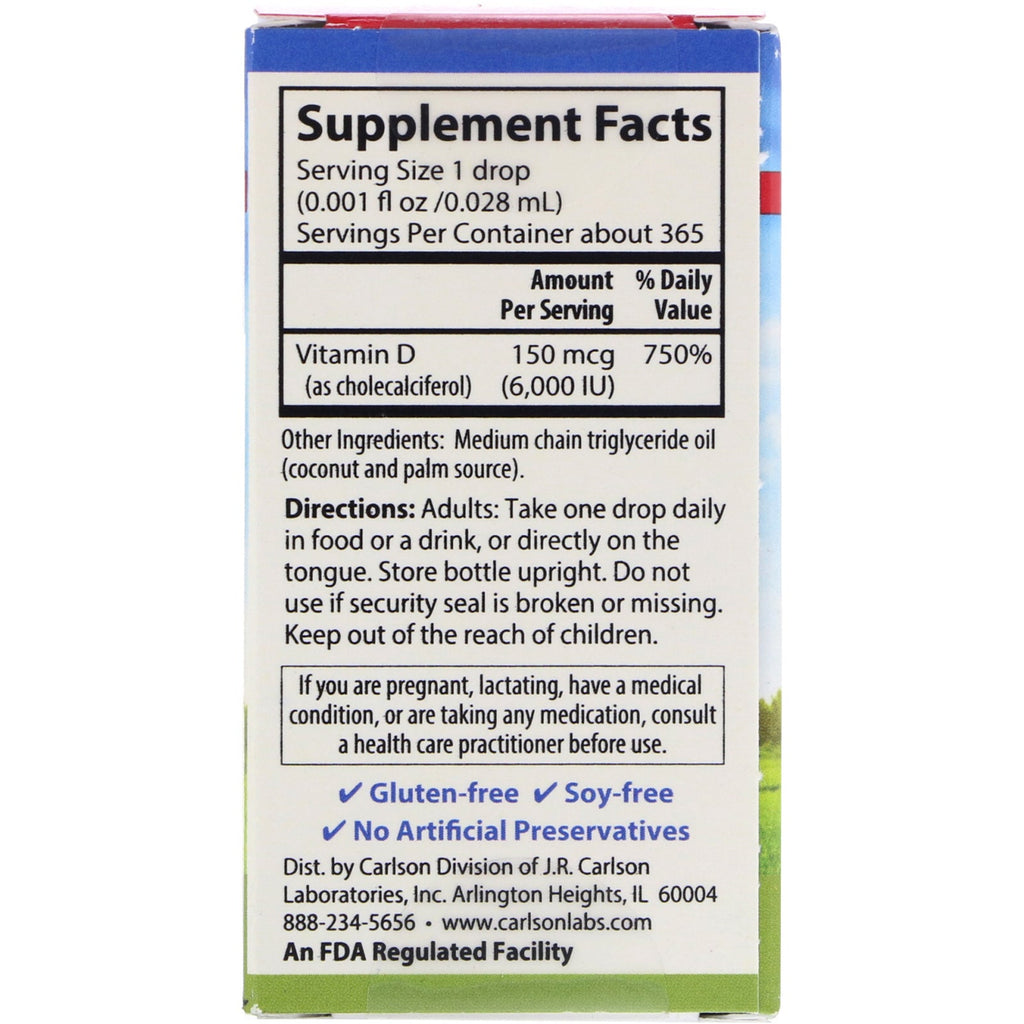 Carlson Labs, Super Daily D3, 150 mcg (6,000 IU), 0.35 fl oz (10.3 ml)