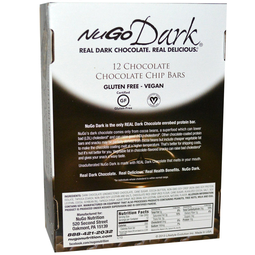 NuGo Nutrition, NuGo Dark, Protein Bars, Chocolate Chocolate Chip, 12 Bars, 1.76 oz (50 g) Each