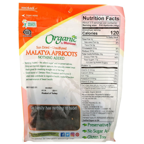 Frutos secos Mariani, secados al sol, sin azufre, albaricoques Malatya, 5 oz (142 g)