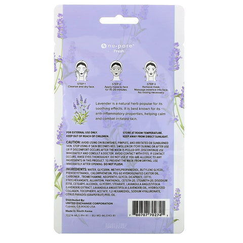 Nu-Pore, Læn dig tilbage og slap af Sheet Beauty Face Mask, Lavendel, 1 ark, 1,05 oz (29,7 g)