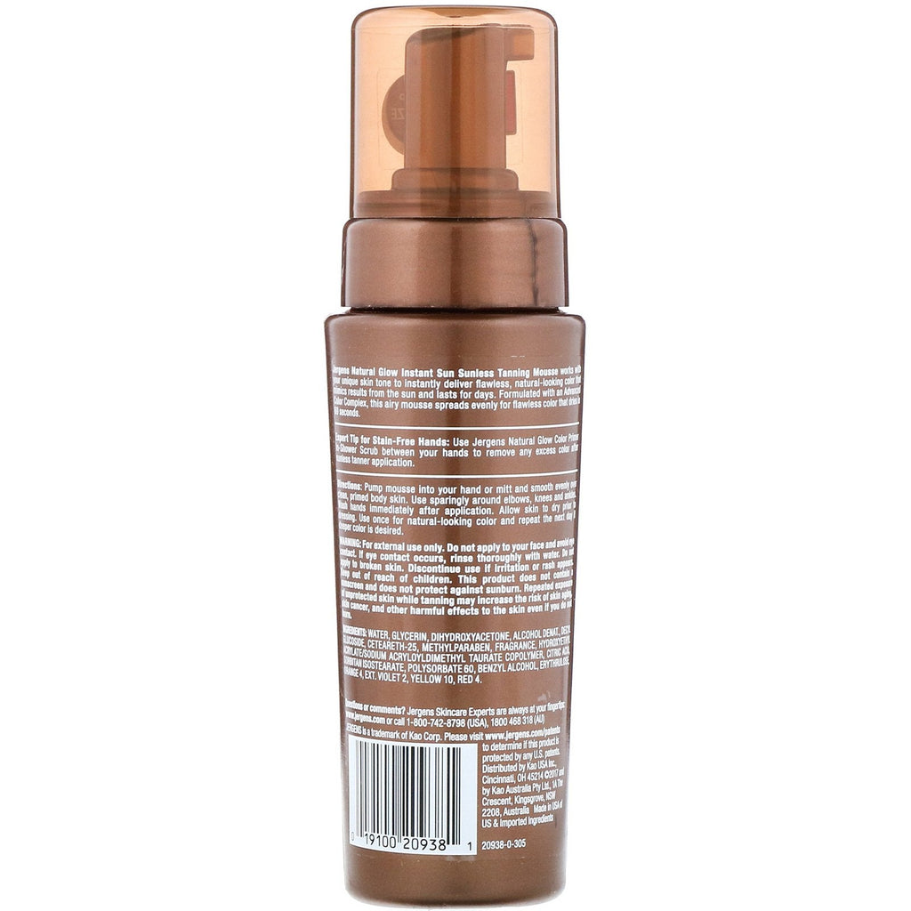 Jergens, Natural Glow, Instant Sun, espuma bronceadora sin sol, bronceado profundo, 6 fl oz (177 ml)