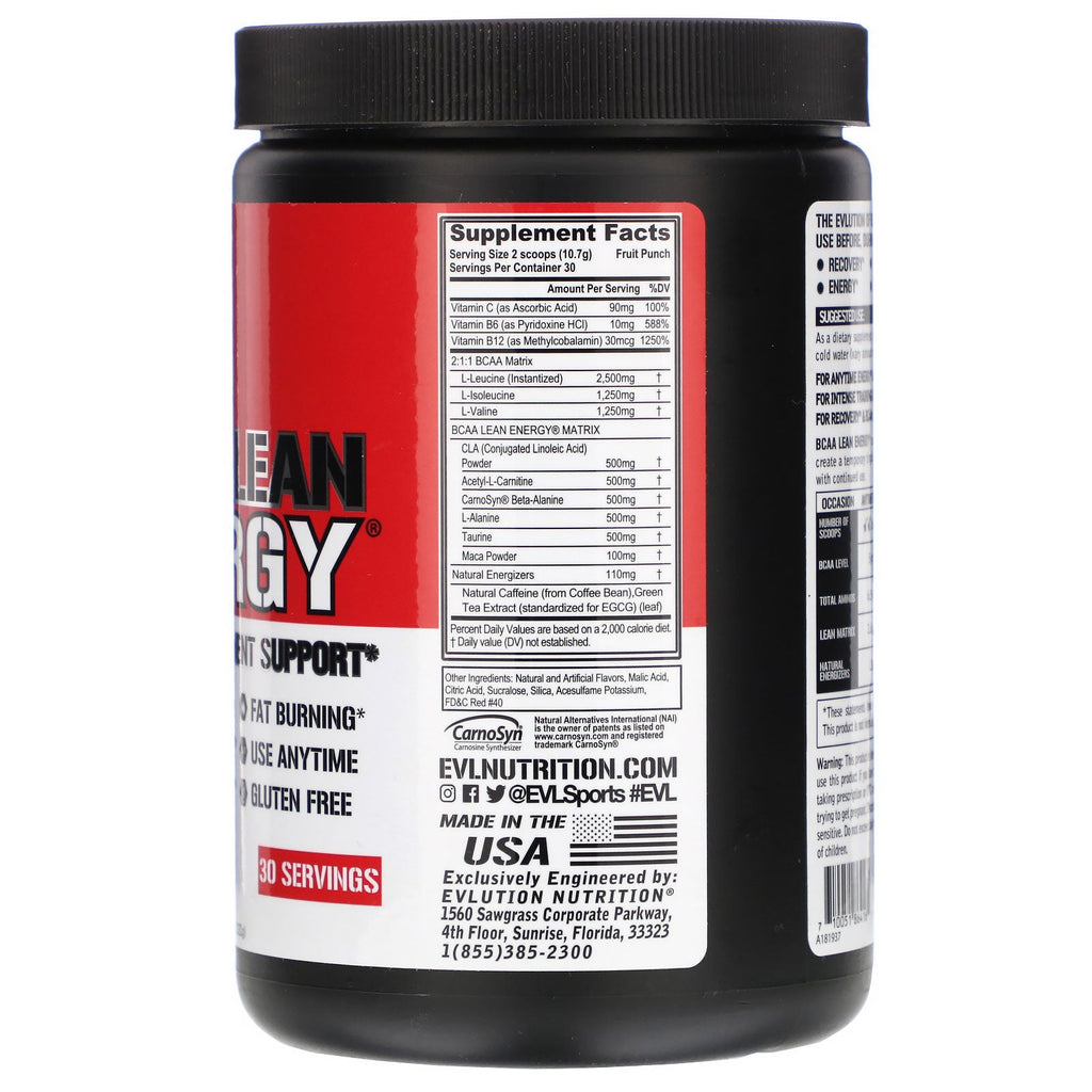 EVLution Nutrition, BCAA LEAN ENERGY, Fruit Punch, 11.32 oz (321 g)