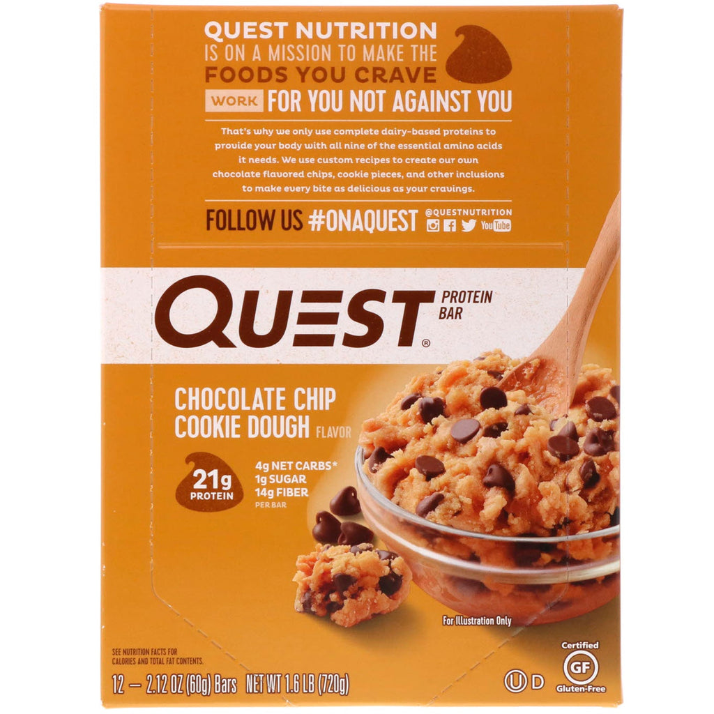 Quest Nutrition, Proteinbar, Chocolate Chip Cookie Dough, 12 barer, 2,12 oz (60 g) hver