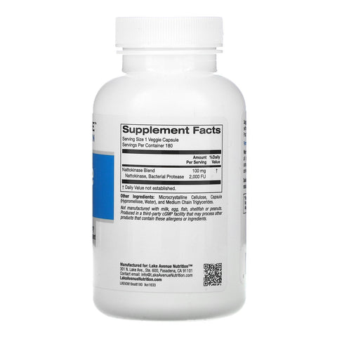 Lake Avenue Nutrition, Nattokinase, Proteolytisk Enzyme, 2.000 FU'er, 180 Veggie-kapsler