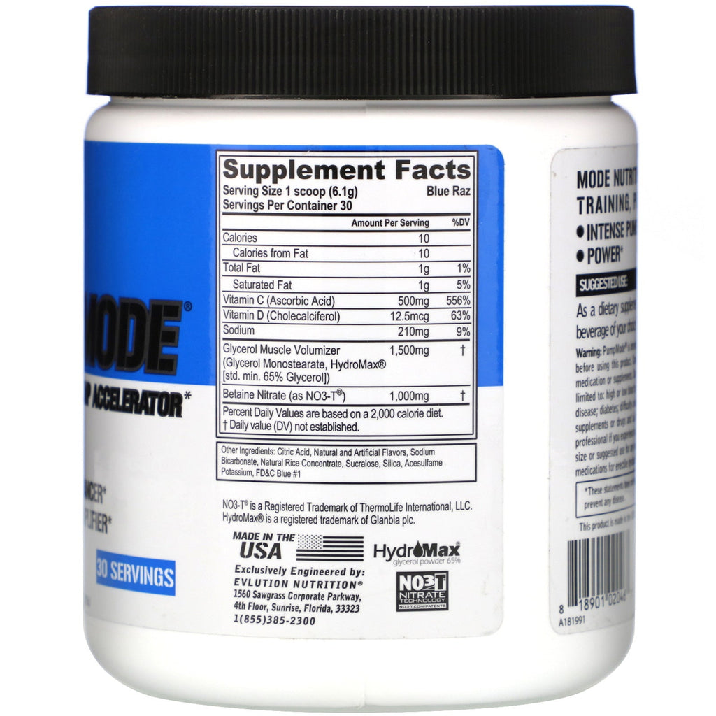 EVLution Nutrition, PumpMode, ikke-stimulerende pumpeaccelerator, Blue Raz, 6,46 oz (183 g)