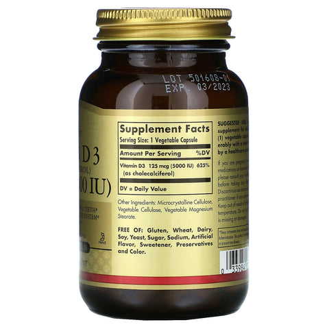 Solgar, Vitamina D3 (Colecalciferol), 125 mcg (5000 UI), 120 Cápsulas Vegetales