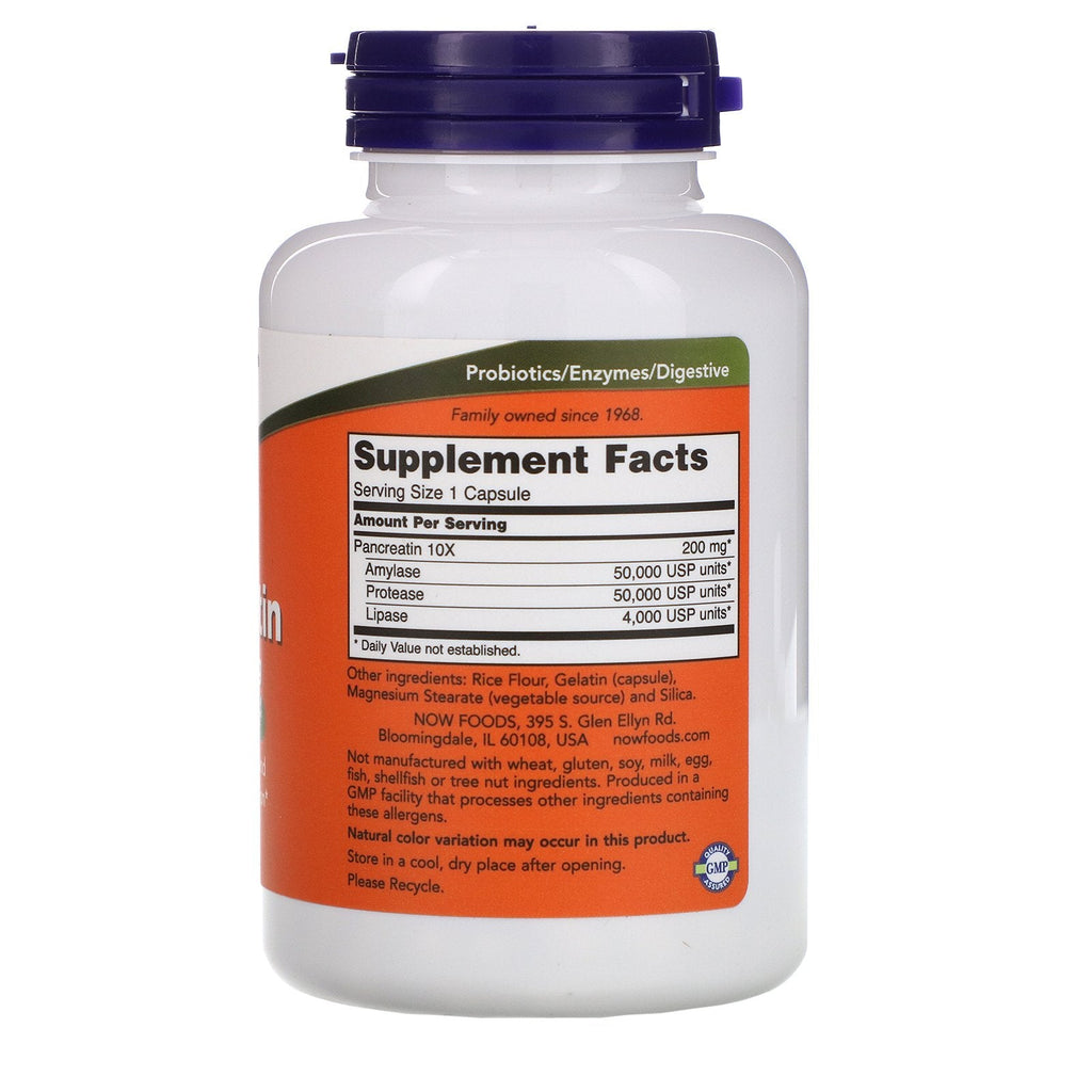 Now Foods, pancreatin, 10X - 200 mg, 250 kapsler