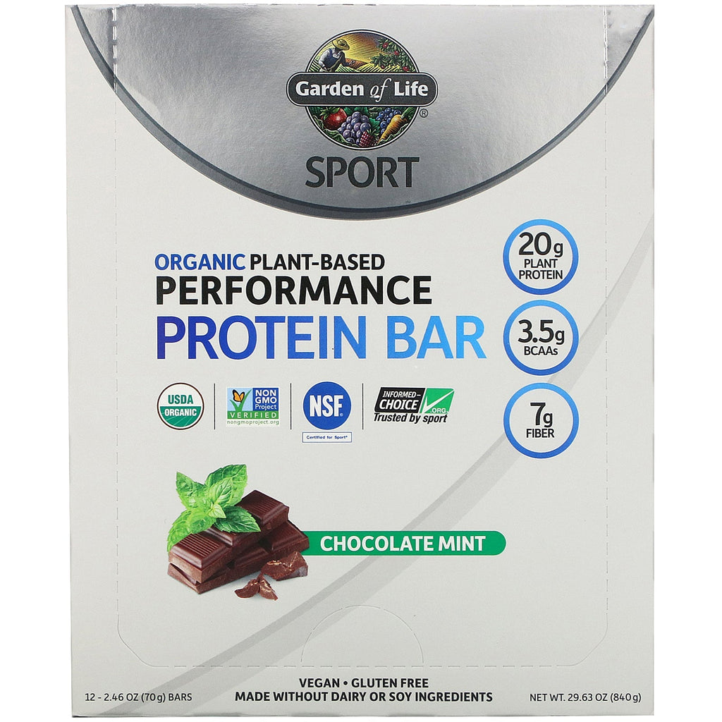 Garden of Life, sport, plantebaseret præstationsproteinbar, chokolademynte, 12 barer, 70 g pr.