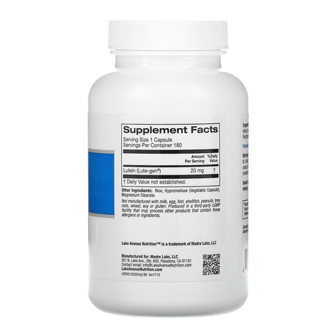 Lake Avenue Nutrition, luteína, 20 mg, 180 cápsulas vegetales