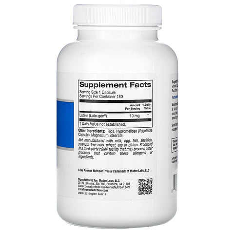 Lake Avenue Nutrition, luteína, 10 mg, 180 cápsulas vegetales