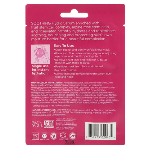 Andalou Naturals, Instant Hydration, Hydro Serum Beauty Facial Mask, 1 Fiber Sheet Mask til engangsbrug, 0,6 fl oz (18 ml)