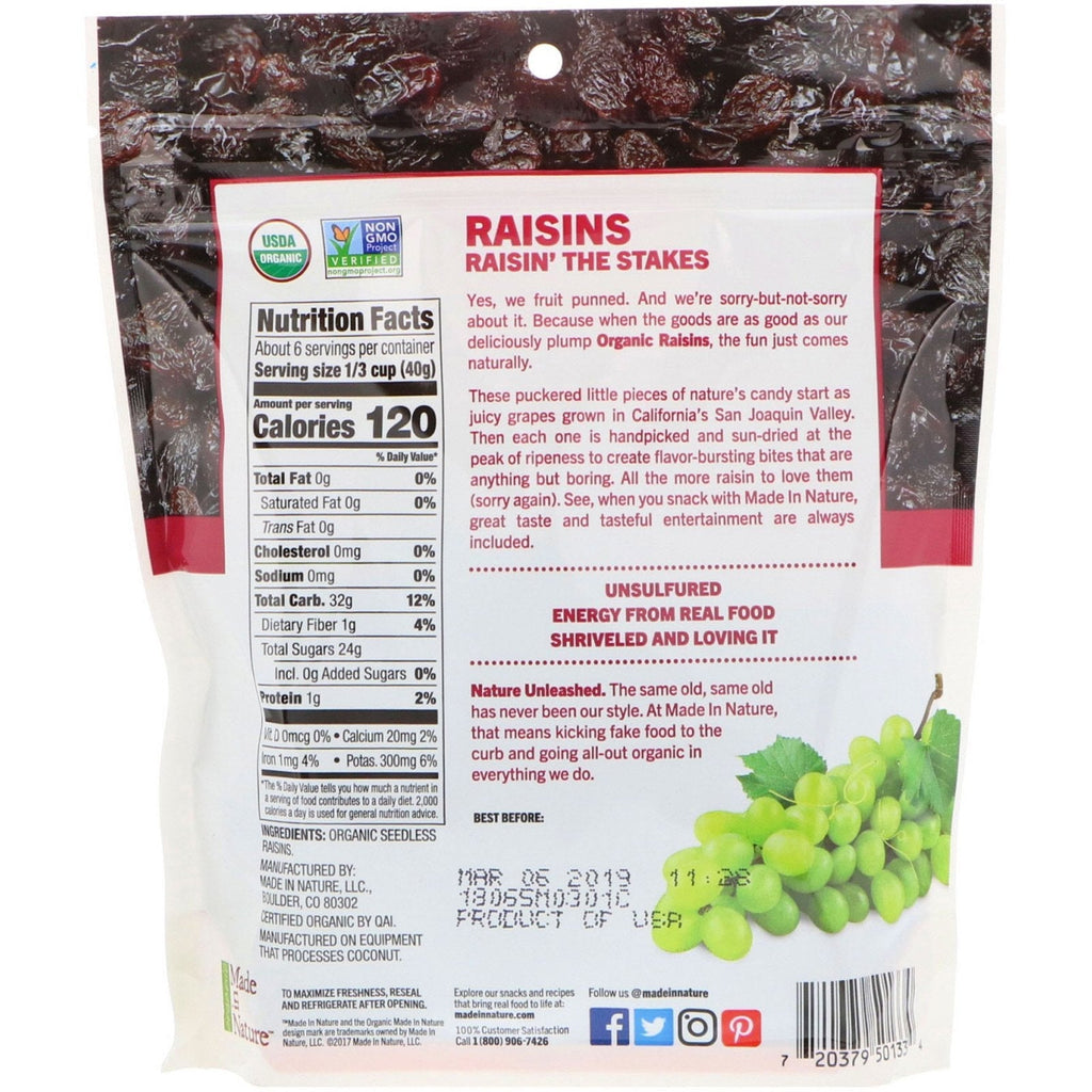 Made in Nature,  Dried Raisins, Plump & Rich Supersnacks, 9 oz (255 g)