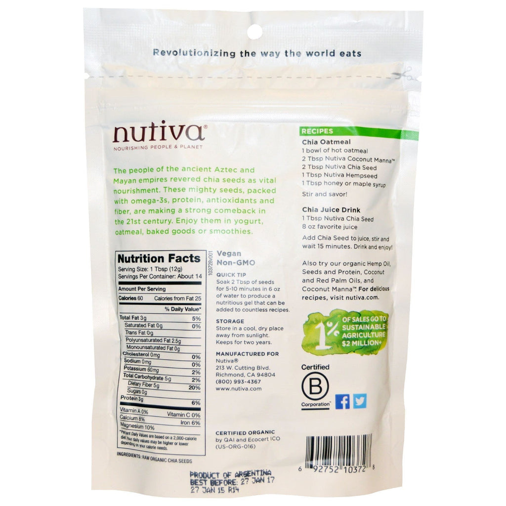 Nutiva, Chiafrø, Sort, 6 oz (170 g)