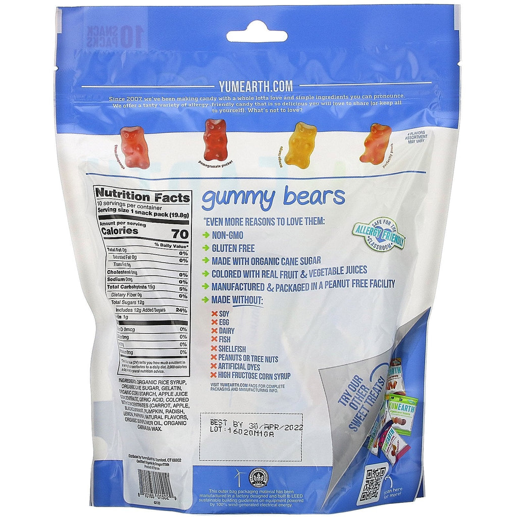 YumEarth, Gummy Bears, Assorted Flavors, 10 Snack Packs, 0.7 oz (19.8 g) Each