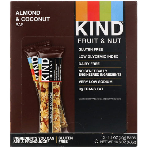 KIND barer, frugt- og nøddebar, mandel og kokosnød, 12 barer, 1,4 oz (40 g) hver