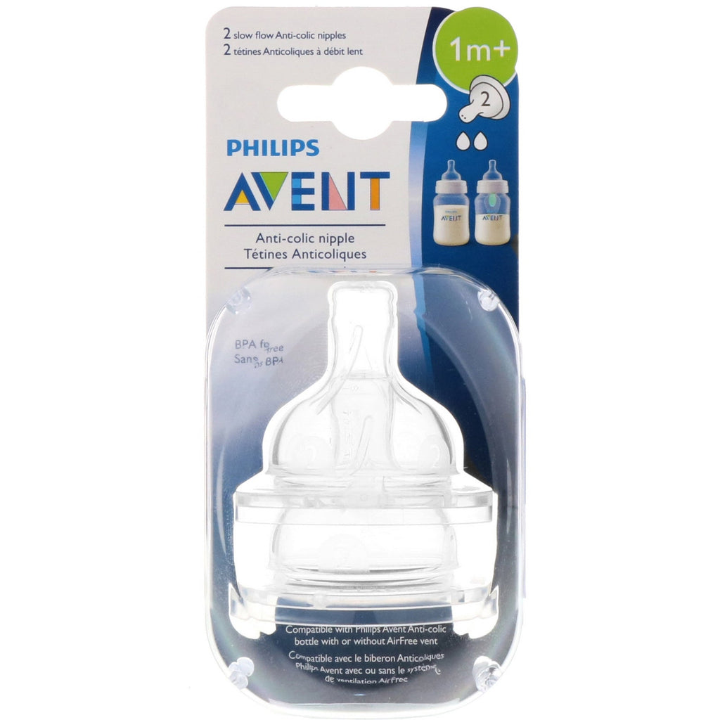 Philips Avent, Slow Flow Anti-kolik nipler, 1 + måneder, 2 stk