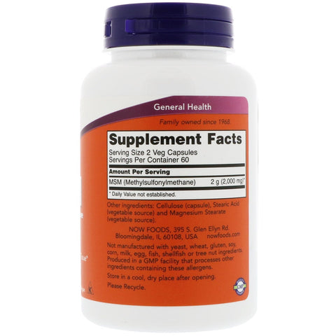 Now Foods, MSM, metilsulfonilmetano, 1000 mg, 120 cápsulas vegetales