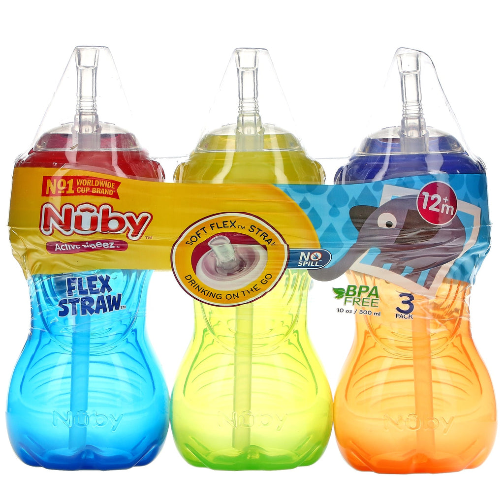 Nuby, No Spil FlexStraw Cups, 12+ måneder, Neutral, 3 Pack, 10 oz (300 ml) hver