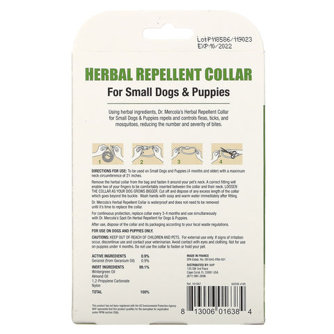 Dr. Mercola, Herbal Repellent Collar, For Small Dogs & Puppies, One Collar, 0.7 oz (19.85 g)