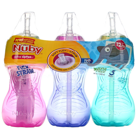 Nuby, No Spil FlexStraw Cups, 12+ måneder, pige, 3 pakke, 10 oz (300 ml) hver