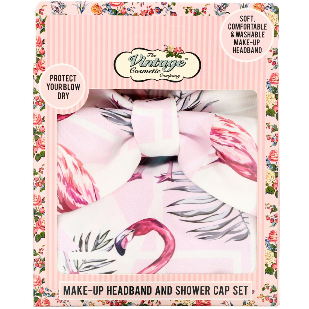 The Vintage Cosmetic Co., Make-Up Headband and Shower Cap Set, Pink Flamingo, 1 Set