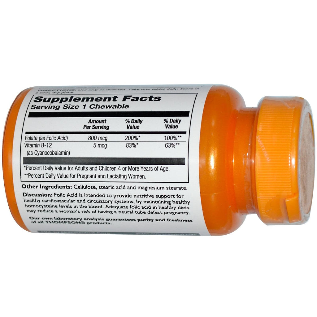 Thompson, Folinsyre, Plus B-12, 800 mcg, 30 tabletter