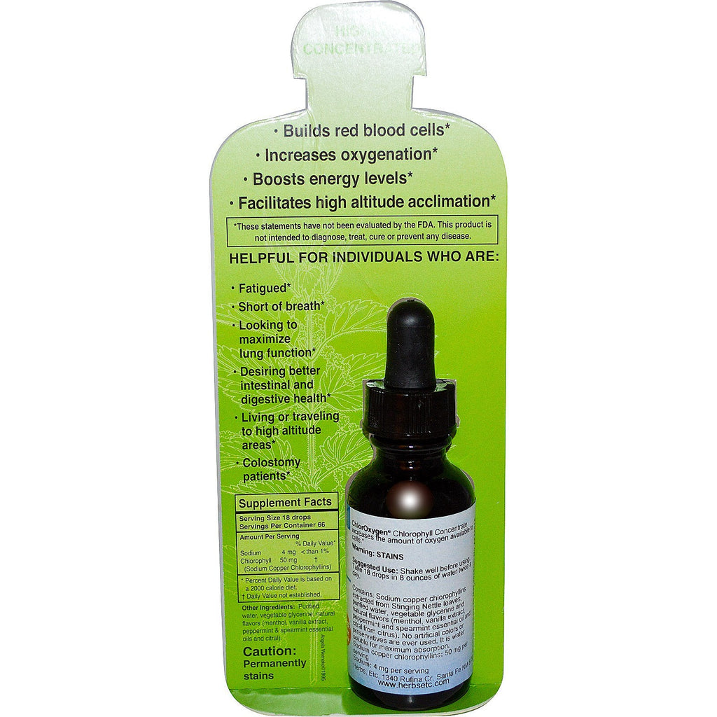 Herbs Etc., ChlorOxygen, Chlorophyll Concentrate, Alcohol Free, Mint Flavored, 1 fl oz (29.5 ml)