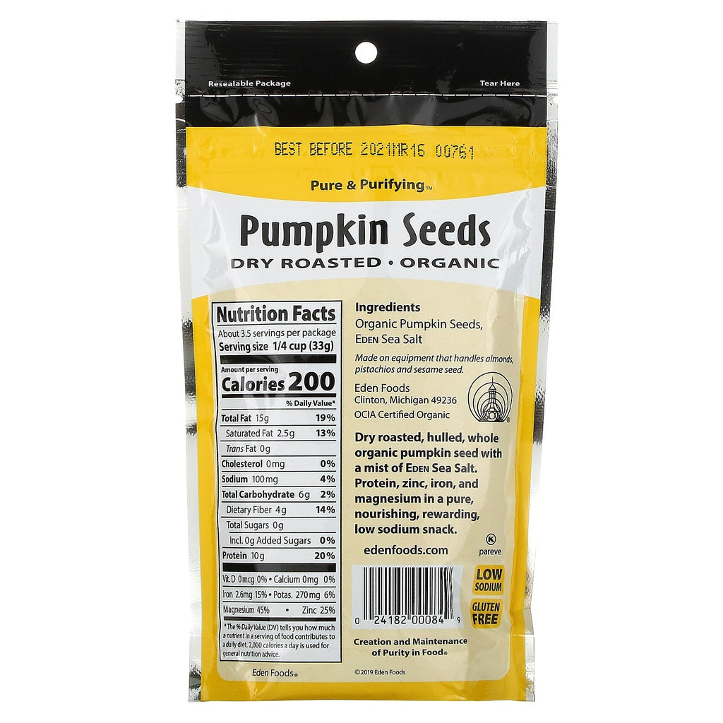 Eden Foods, , Pumpkin Seeds, Dry Roasted, 4 oz (113 g)