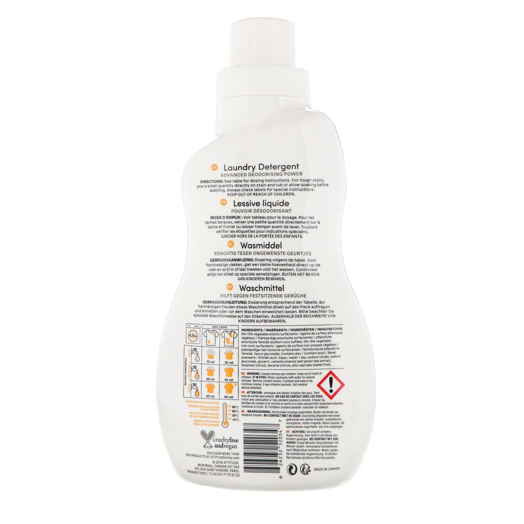 ATTITUDE, Detergente para ropa, 35 cargas, ralladura de cítricos, 35,5 fl oz (1,05 l)