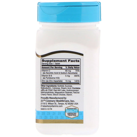 21st Century, Zinc más vitaminas C y B-6, sabor a cereza, 90 tabletas masticables