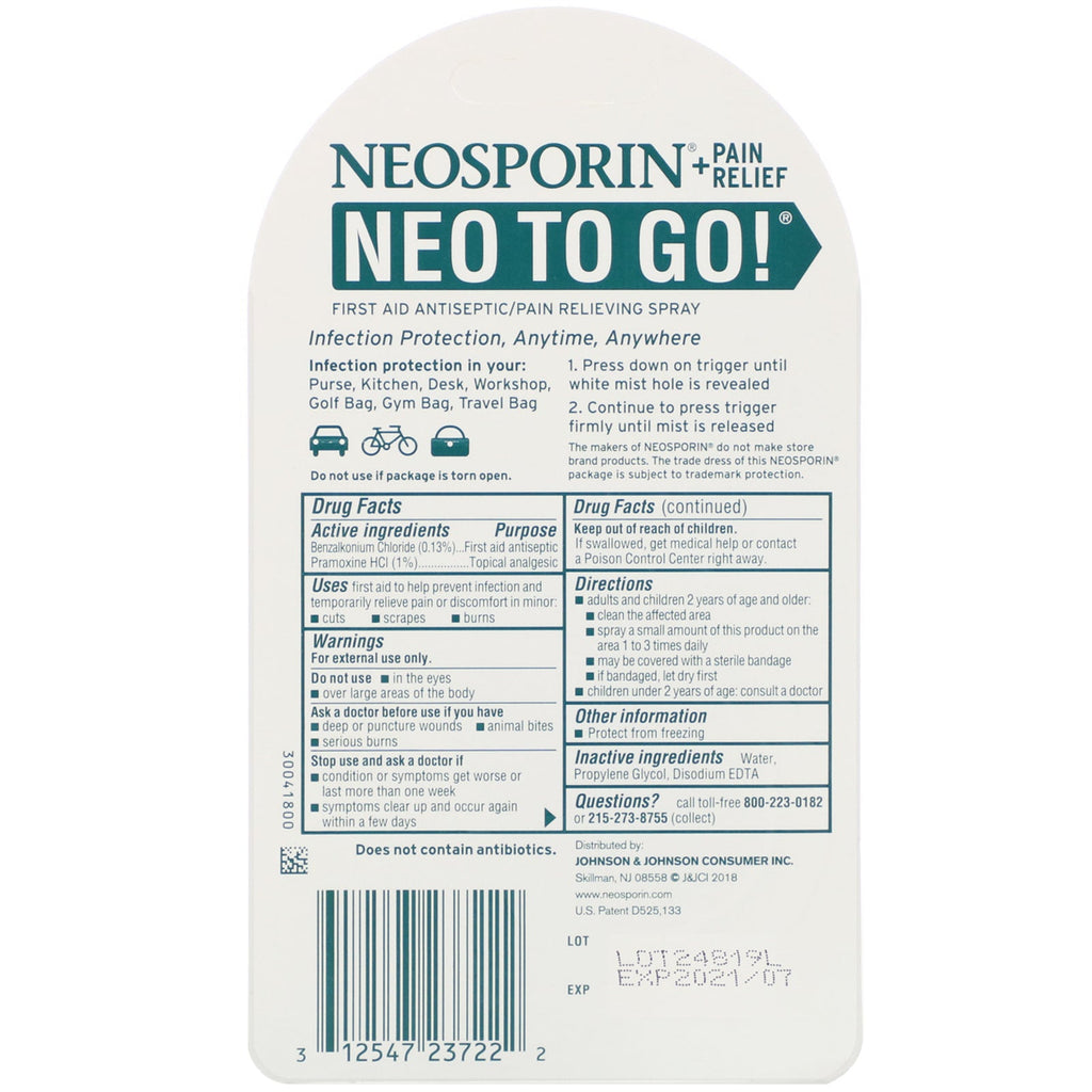 Neosporin, + Pain Relief, Neo To Go!, First Aid Antiseptic/Pain Relieving Spray, 0.26 fl oz (7.7 ml)