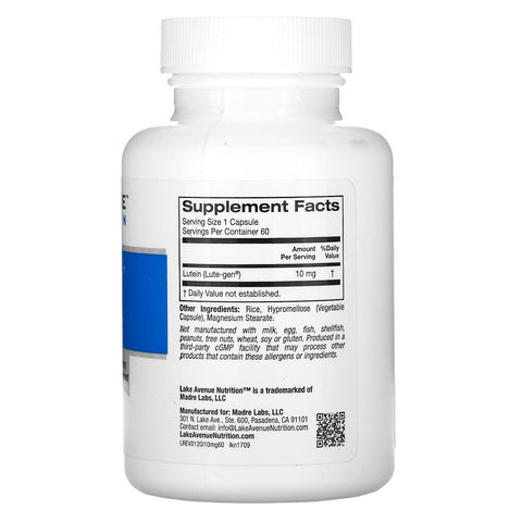 Lake Avenue Nutrition, luteína, 10 mg, 60 cápsulas vegetales