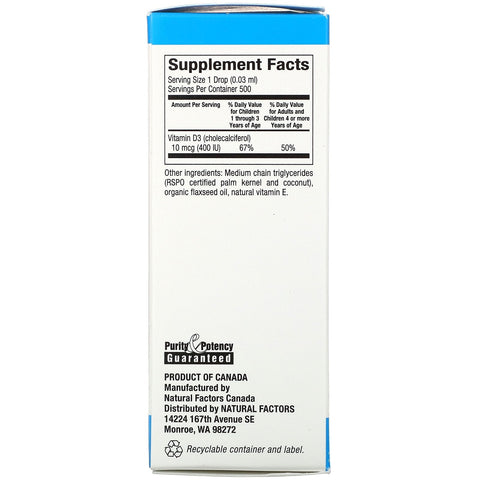 Naturlige faktorer, D3-vitamindråber til børn, uden smag, 10 mcg (400 IE), 0,5 fl oz (15 ml)