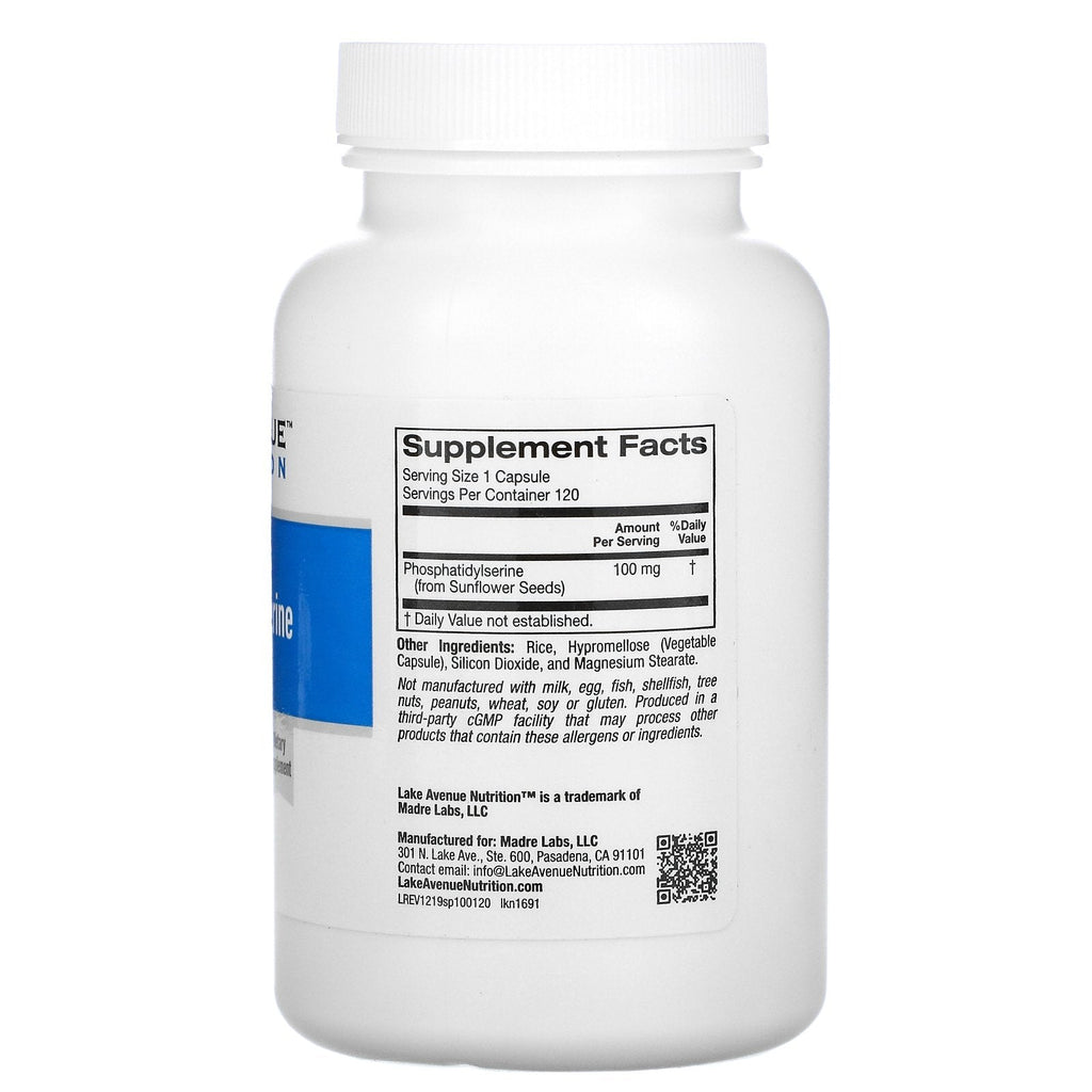 Lake Avenue Nutrition, Fosfatidilserina de girasol, 100 mg, 120 cápsulas vegetales