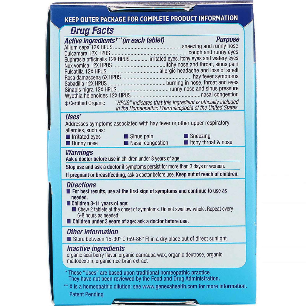 Genexa, Børneallergi-D, Alder 3+, Allergi &amp; Decongestant, Acai Berry Flavor, 60 tyggetabletter