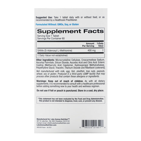 Lake Avenue Nutrition, SAMe (S-Adenosyl L-Methionin), 400 mg, 60 tabletter