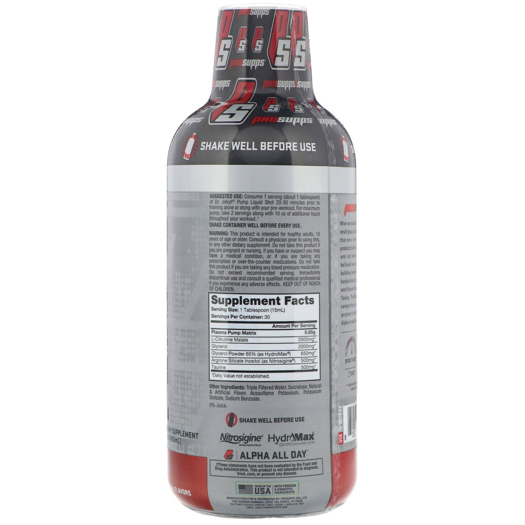 ProSupps, Dr. Jekyll, Pump, sin estimulantes, paleta de cereza, 15,2 oz (450 ml)