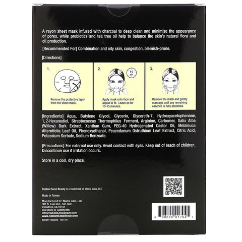 Radiant Seoul, Balancing Charcoal Sheet Masks, 5 Sheet Masks, 0,85 oz (25 ml) hver