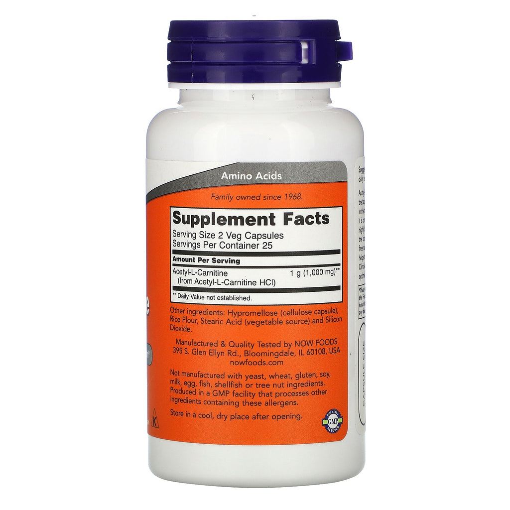 Now Foods, Acetyl-L- Carnitine, 500 mg, 50 Veg-kapsler