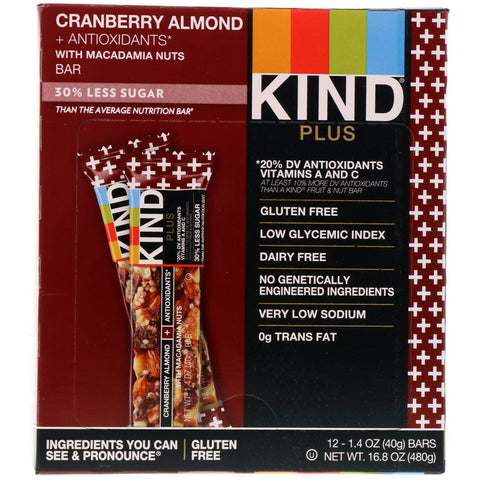 KIND barer, Kind Plus, tranebærmandel + antioxidanter med macadamianødder, 12 barer, 1,4 oz (40 g) hver