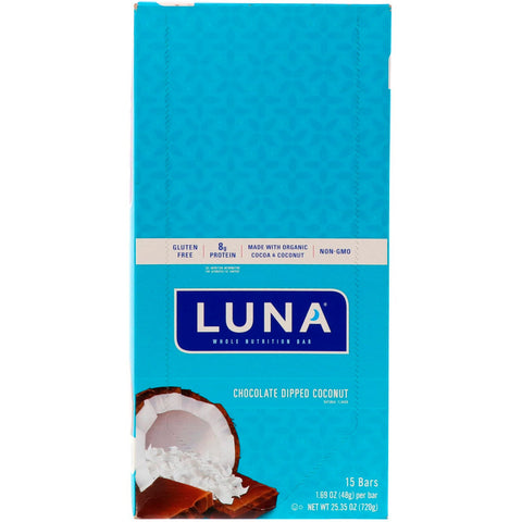 Clif Bar, Luna, Whole Nutrition Bar for Women, Chocolate Dipped Coconut, 15 Bars, 1.69 oz (48 g) Each