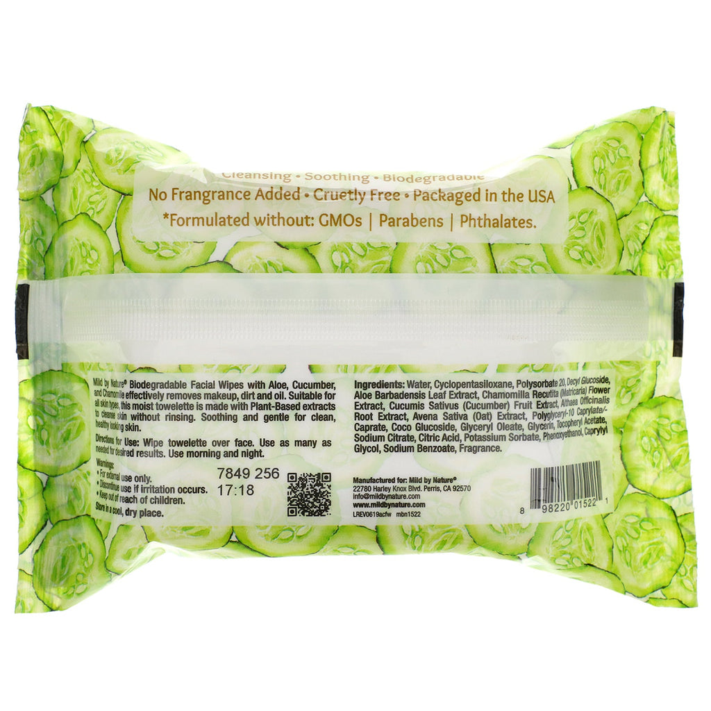 Mild By Nature, Aloe & Cucumber Facial Wipes, Biodegradable, 30 Pre-Moistened Towelettes