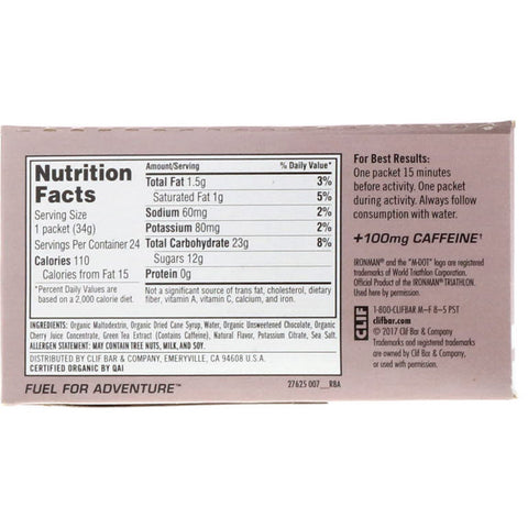 Clif Bar, Shot Energy Gel, chocolate y cereza + 100 mg de cafeína, 24 paquetes, 1,20 oz (34 g) cada uno