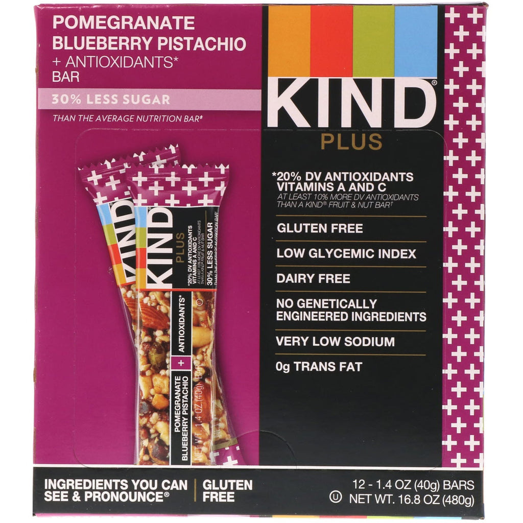 KIND barer, Kind Plus, granatæble blåbær pistacie + antioxidanter, 12 barer, 1,4 oz (40 g) hver