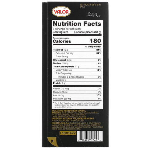 Valor, Dark Chocolate, 0% Sugar Added, 85% Cacao, 3.5 oz (100 g)